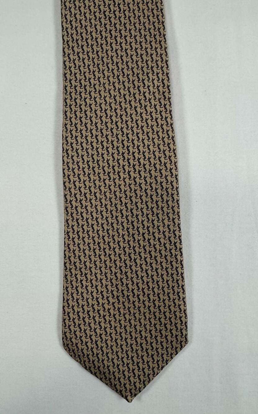 Vintage Yves Saint Laurent 100% Silk Monogram Tie Brown Gold Logo